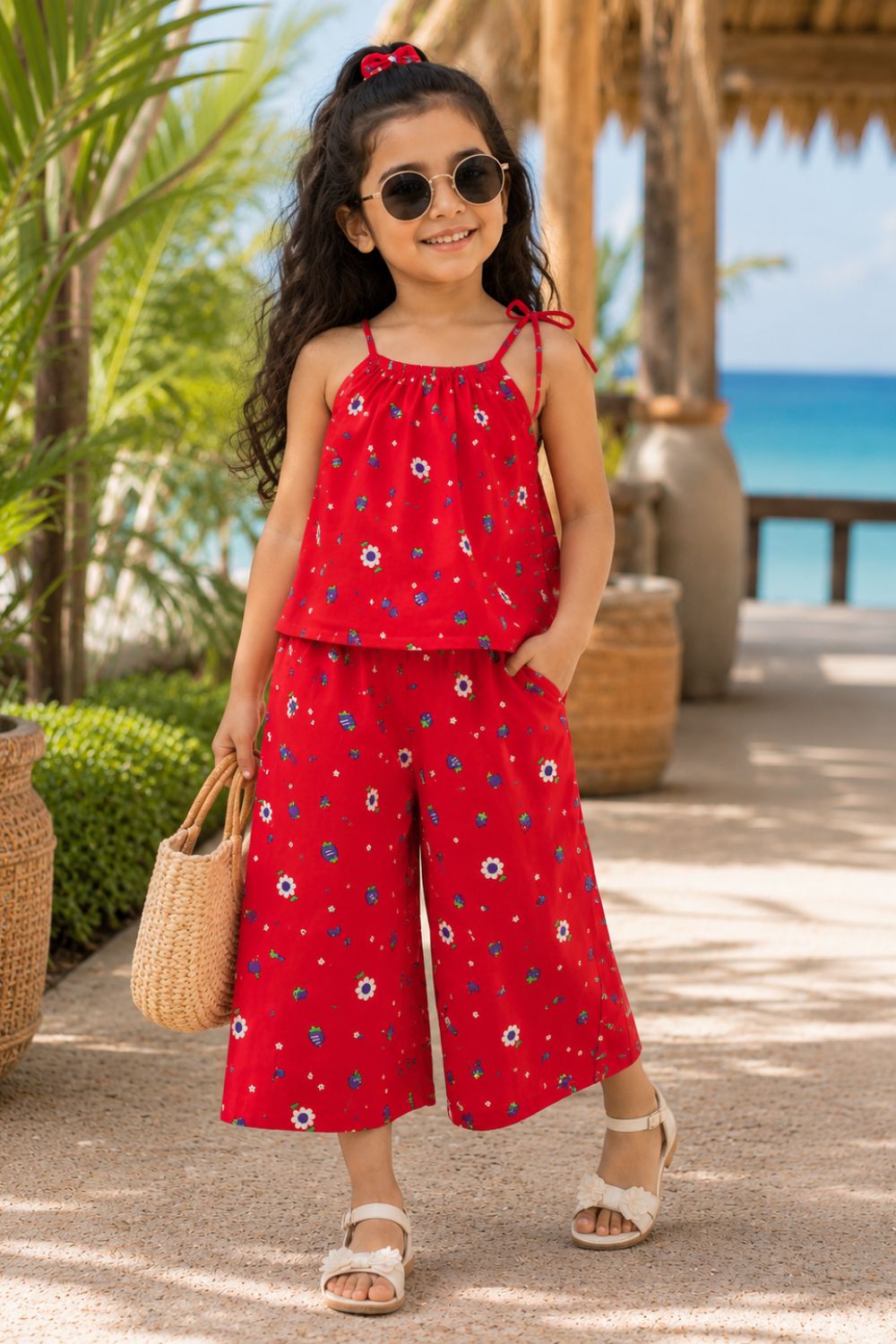 Girls Red Cotton Printed Co-Ords Set