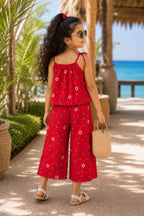 Girls Red Cotton Printed Co-Ords Set