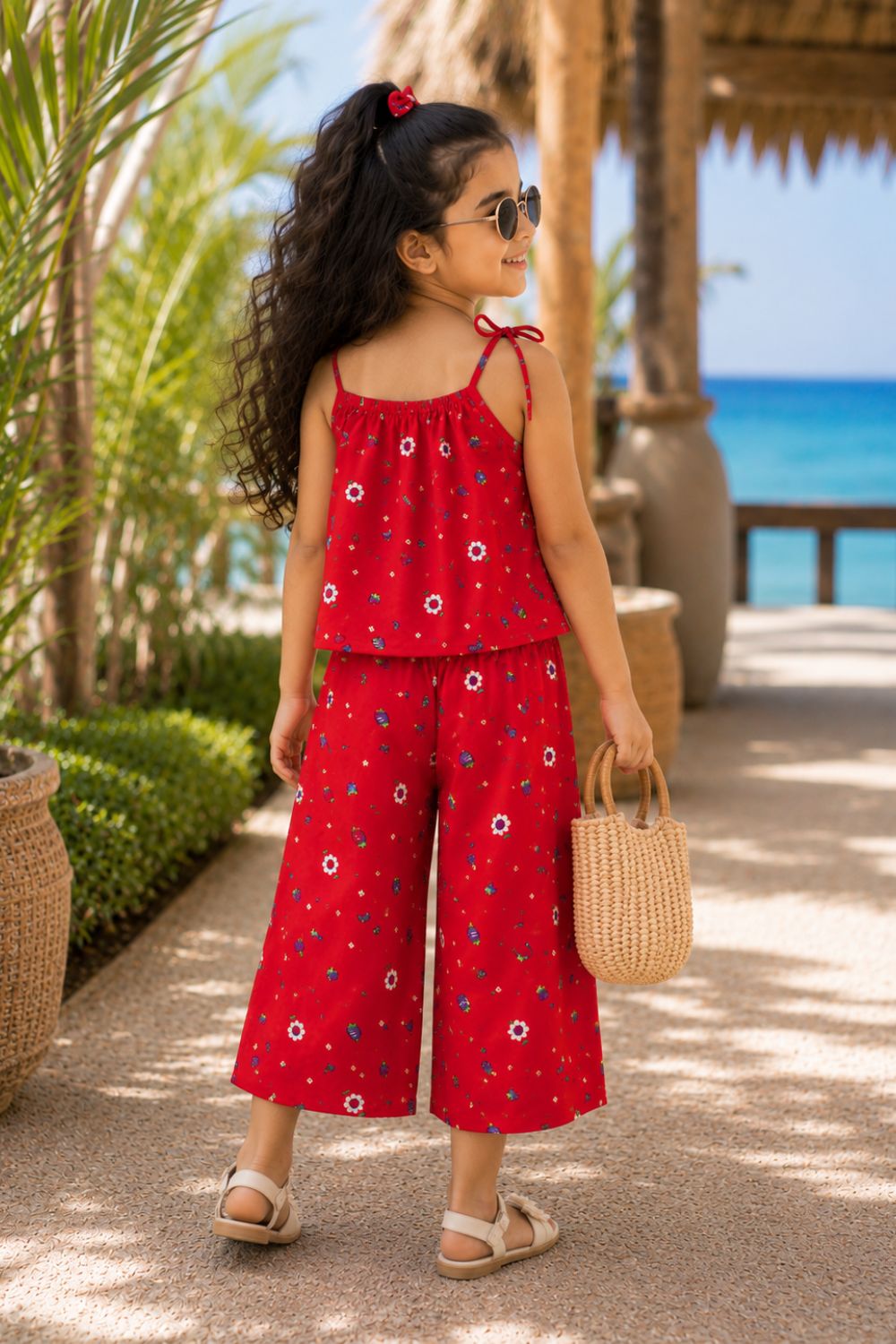 Girls Red Cotton Printed Co-Ords Set