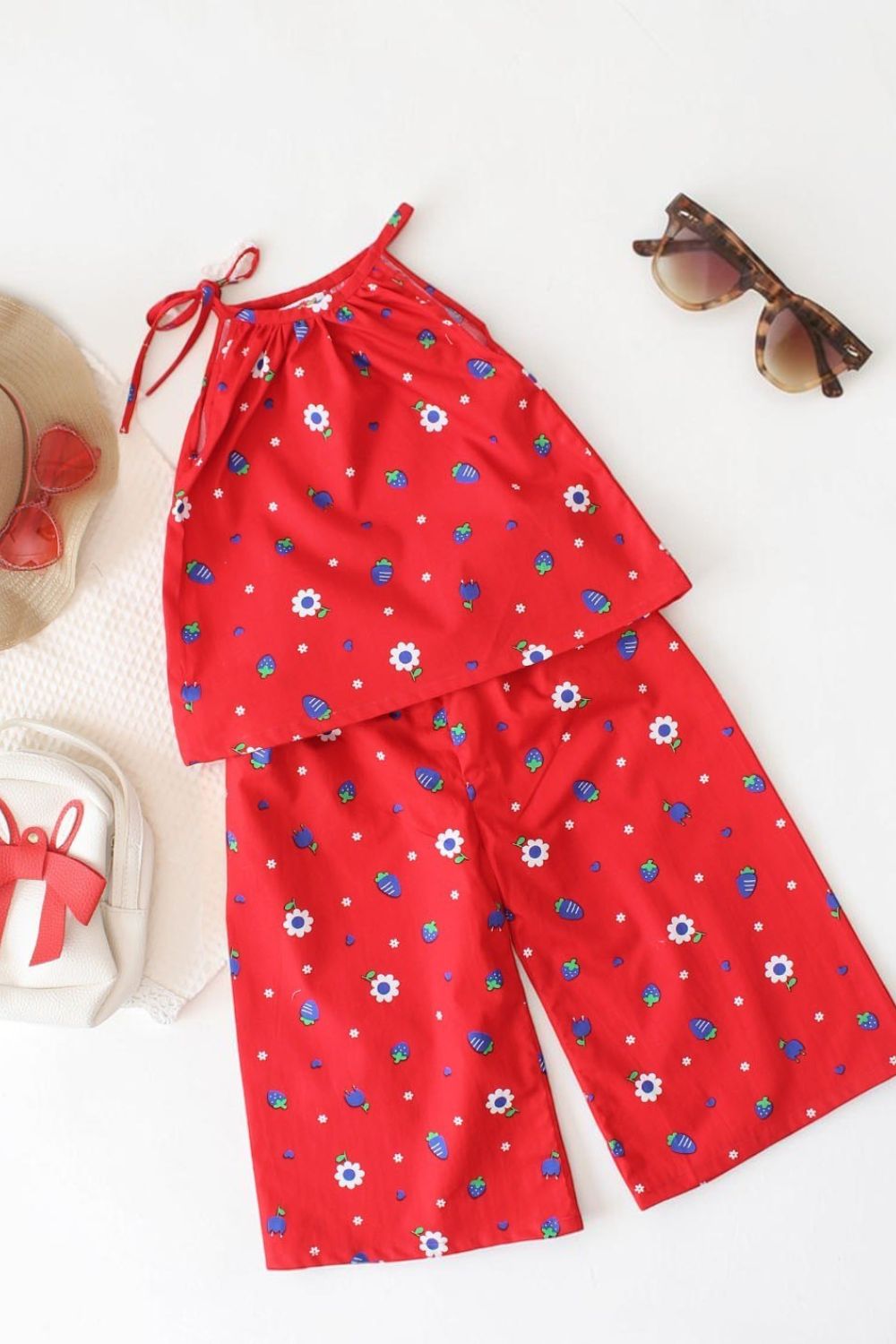 Girls Red Cotton Printed Co-Ords Set