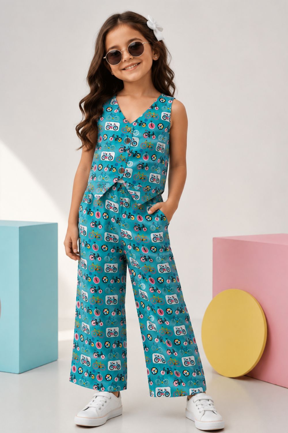 Blue Cotton Printed Top with Trousers
