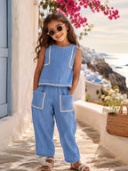 Blue Cotton Solid Top with Trousers