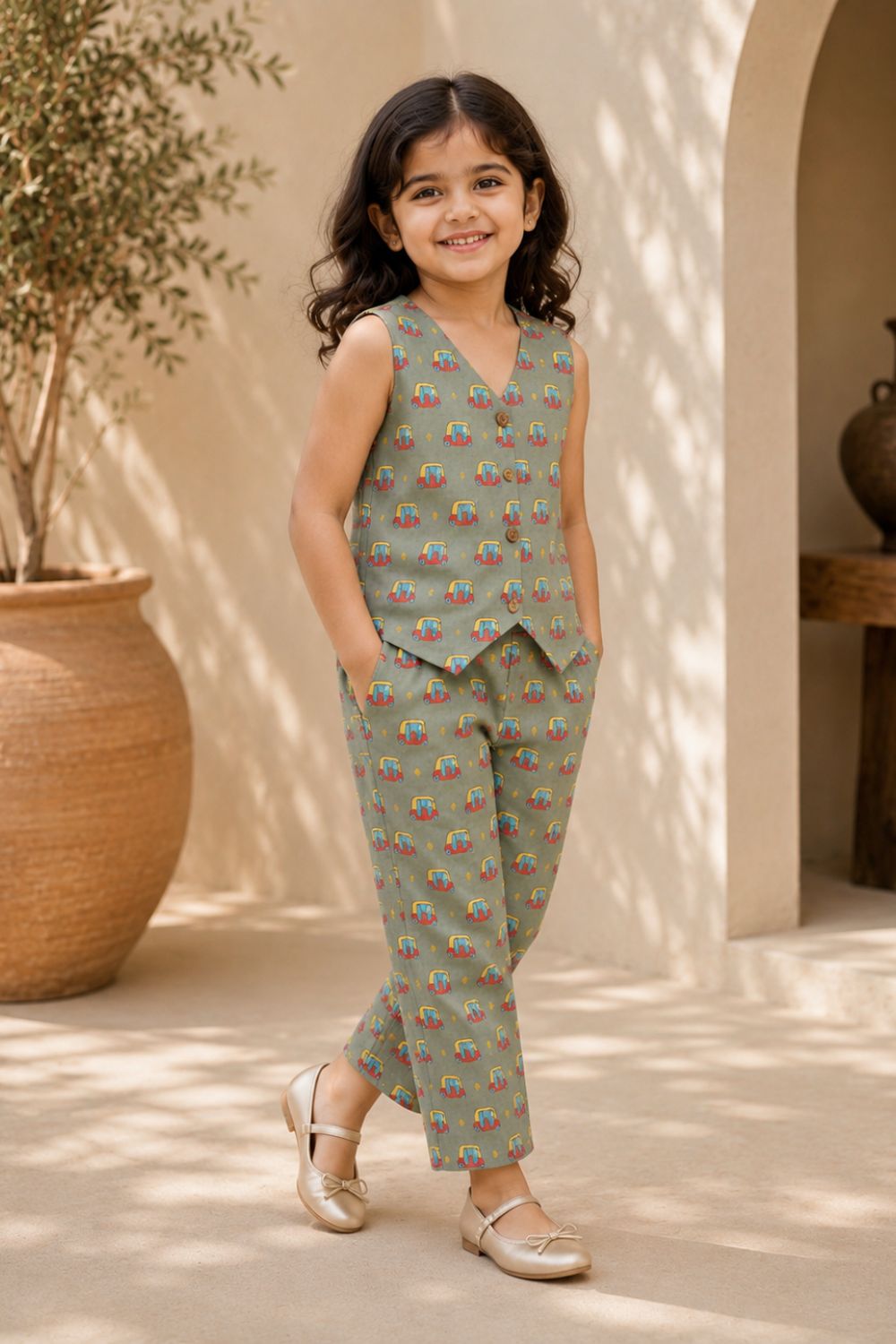 Olive Green Auto Printed Cotton Top with Trousers