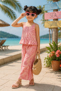 Girls Peach Printed Cotton Co-Ords