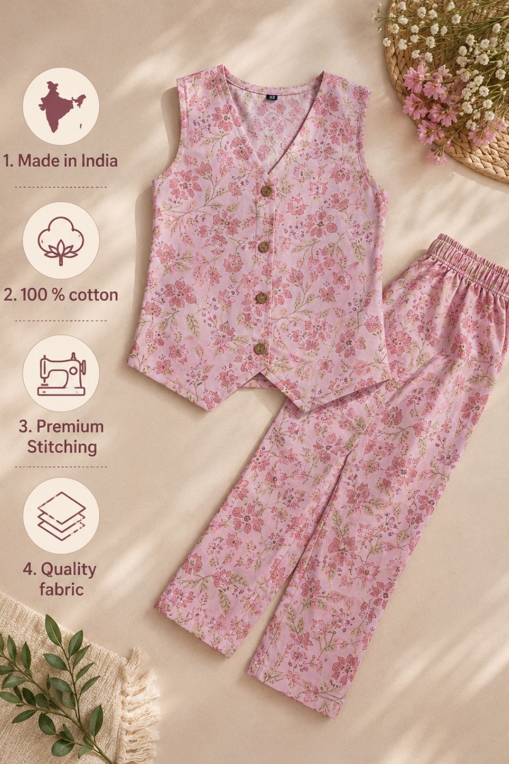 Floral Cotton Printed Top with Trousers