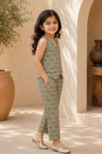 Olive Green Auto Printed Cotton Top with Trousers