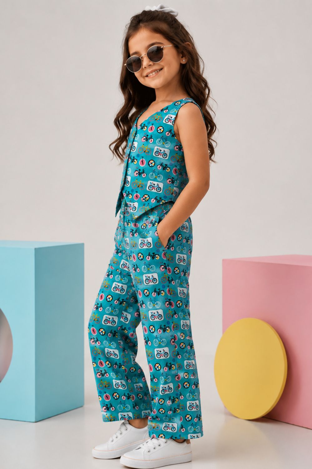 Blue Cotton Printed Top with Trousers