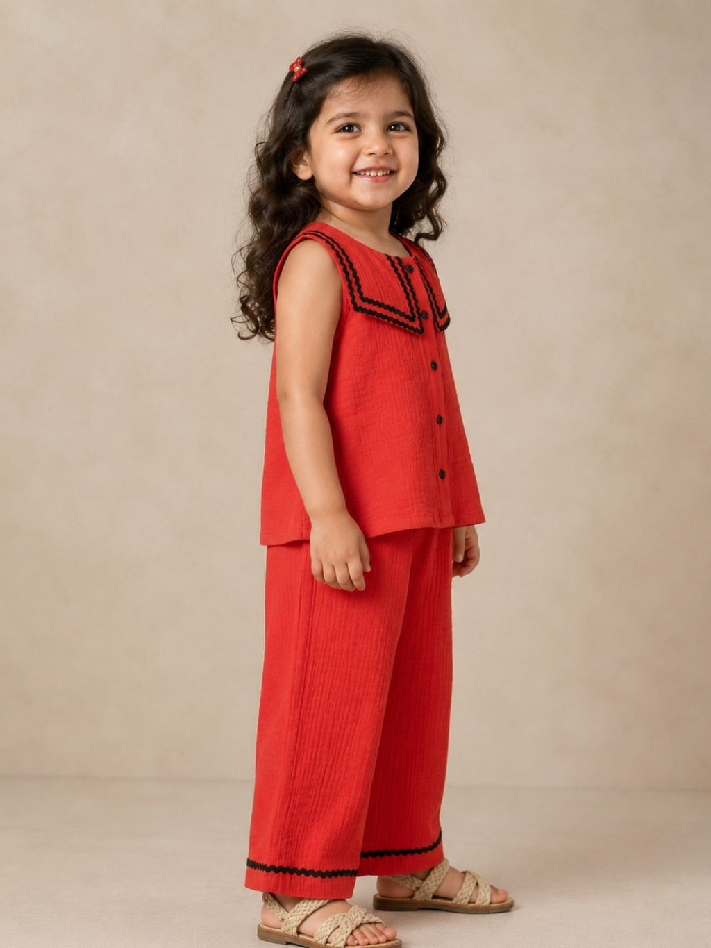 Red Cotton Solid Top with Trousers
