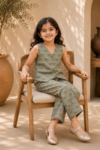 Olive Green Auto Printed Cotton Top with Trousers