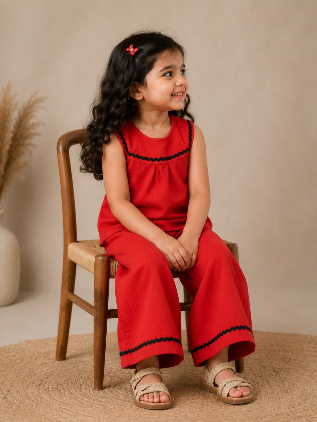 Red Cotton Solid Top with Trousers