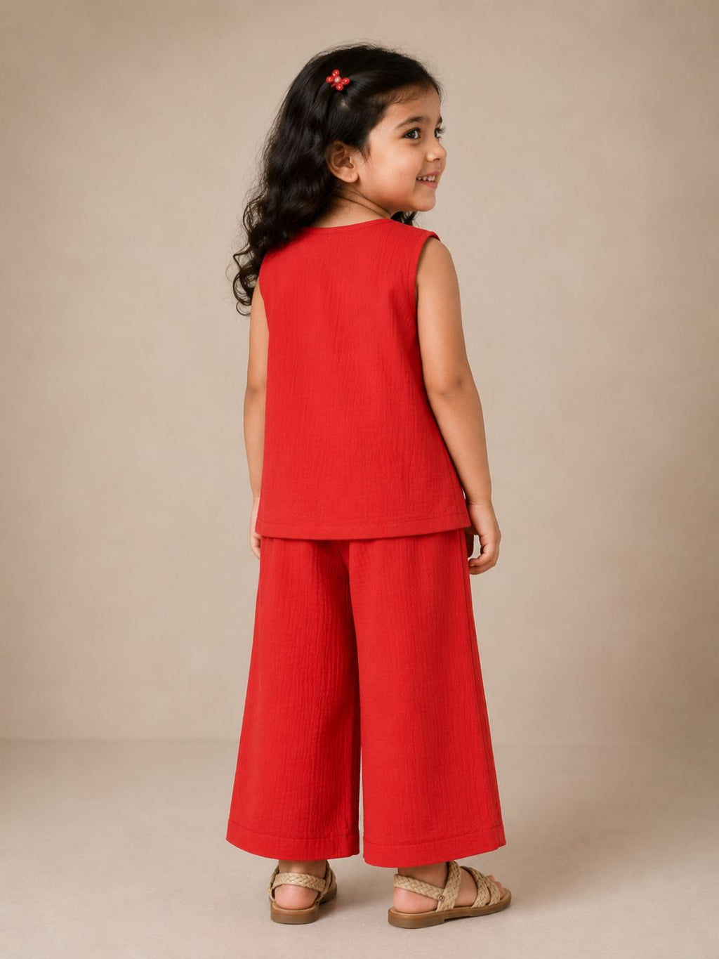 Red Cotton Solid Top with Trousers