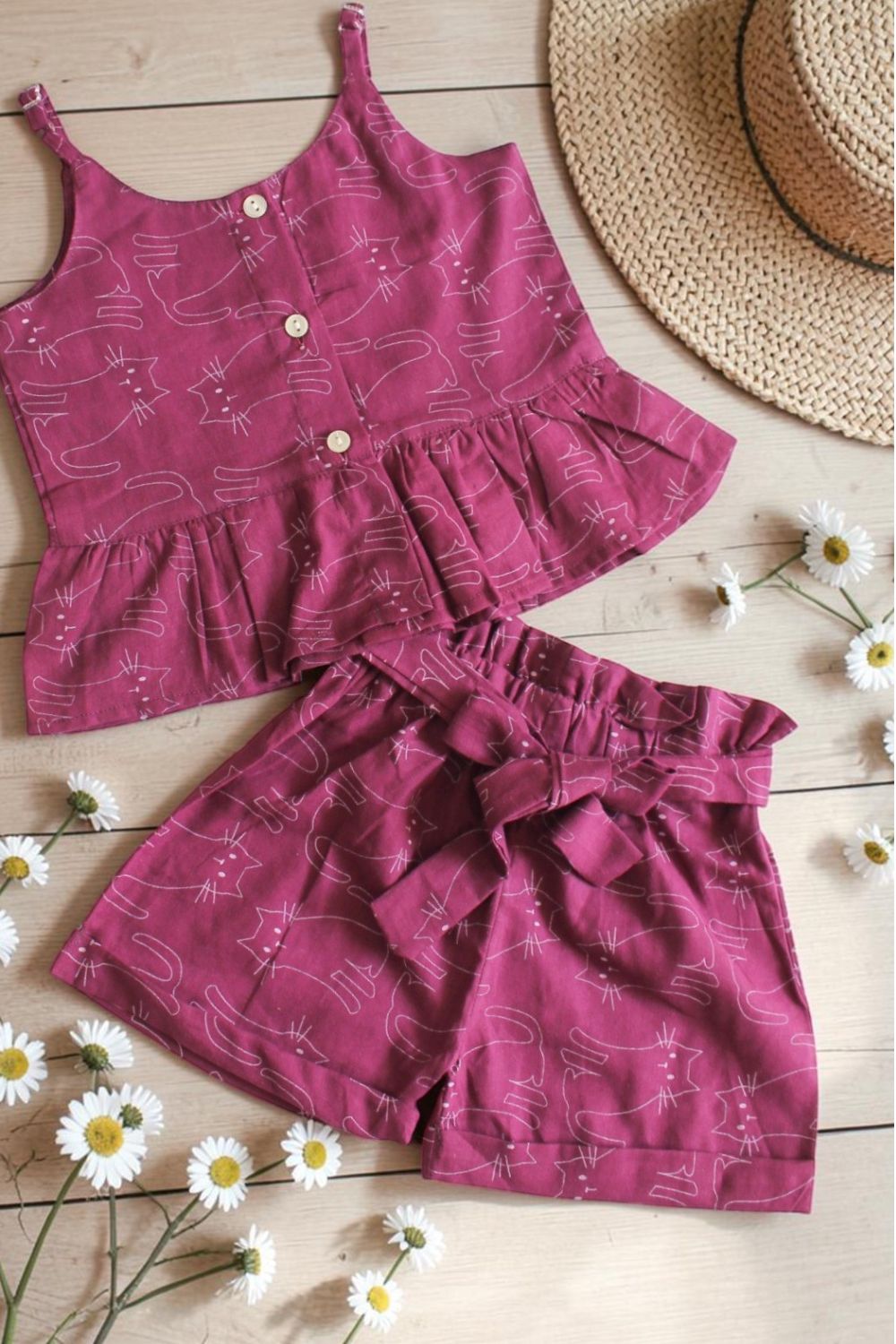 Girls Cat Print Cotton Co-Ords Set