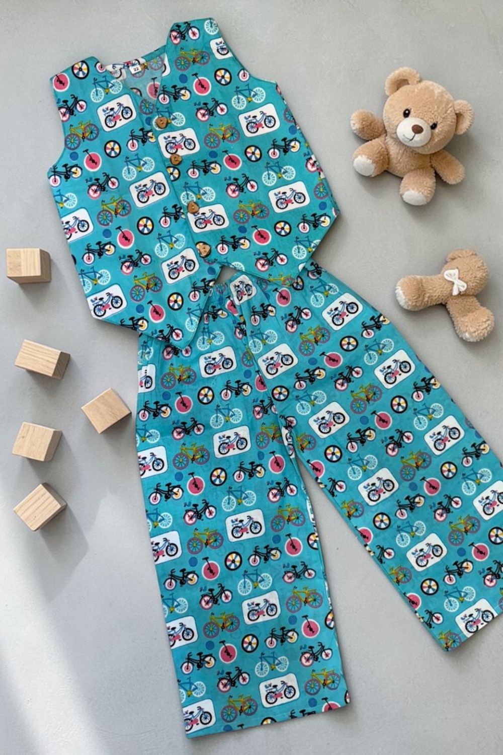 Blue Cotton Printed Top with Trousers