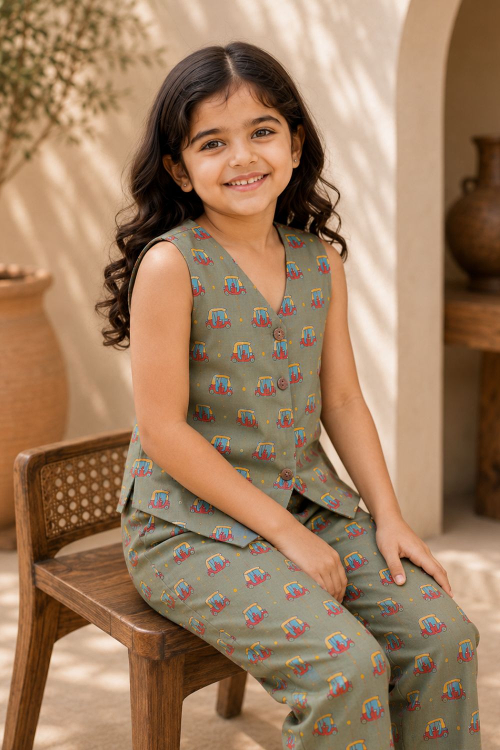 Olive Green Auto Printed Cotton Top with Trousers