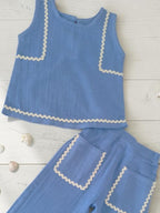 Blue Cotton Solid Top with Trousers
