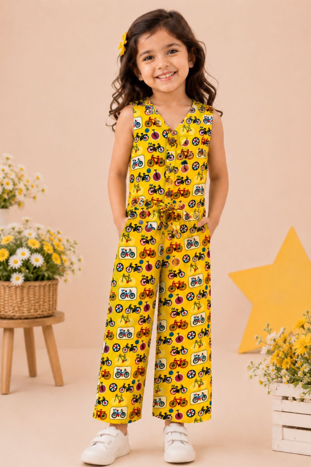 Yellow Cotton Printed Top with Trousers