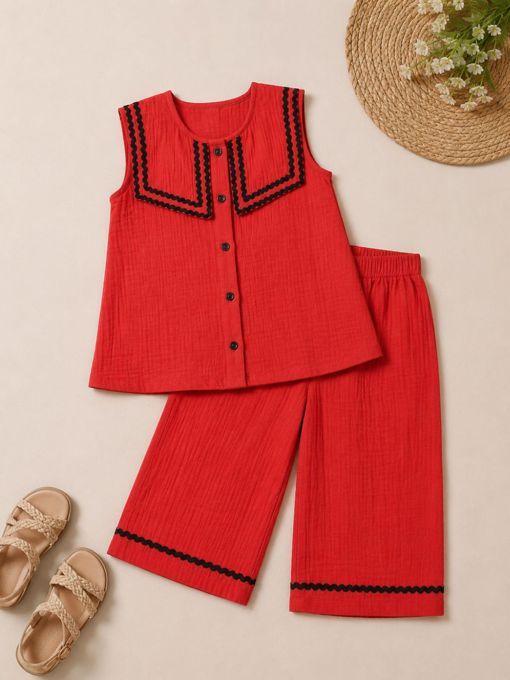 Red Cotton Solid Top with Trousers