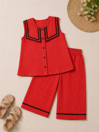 Red Cotton Solid Top with Trousers