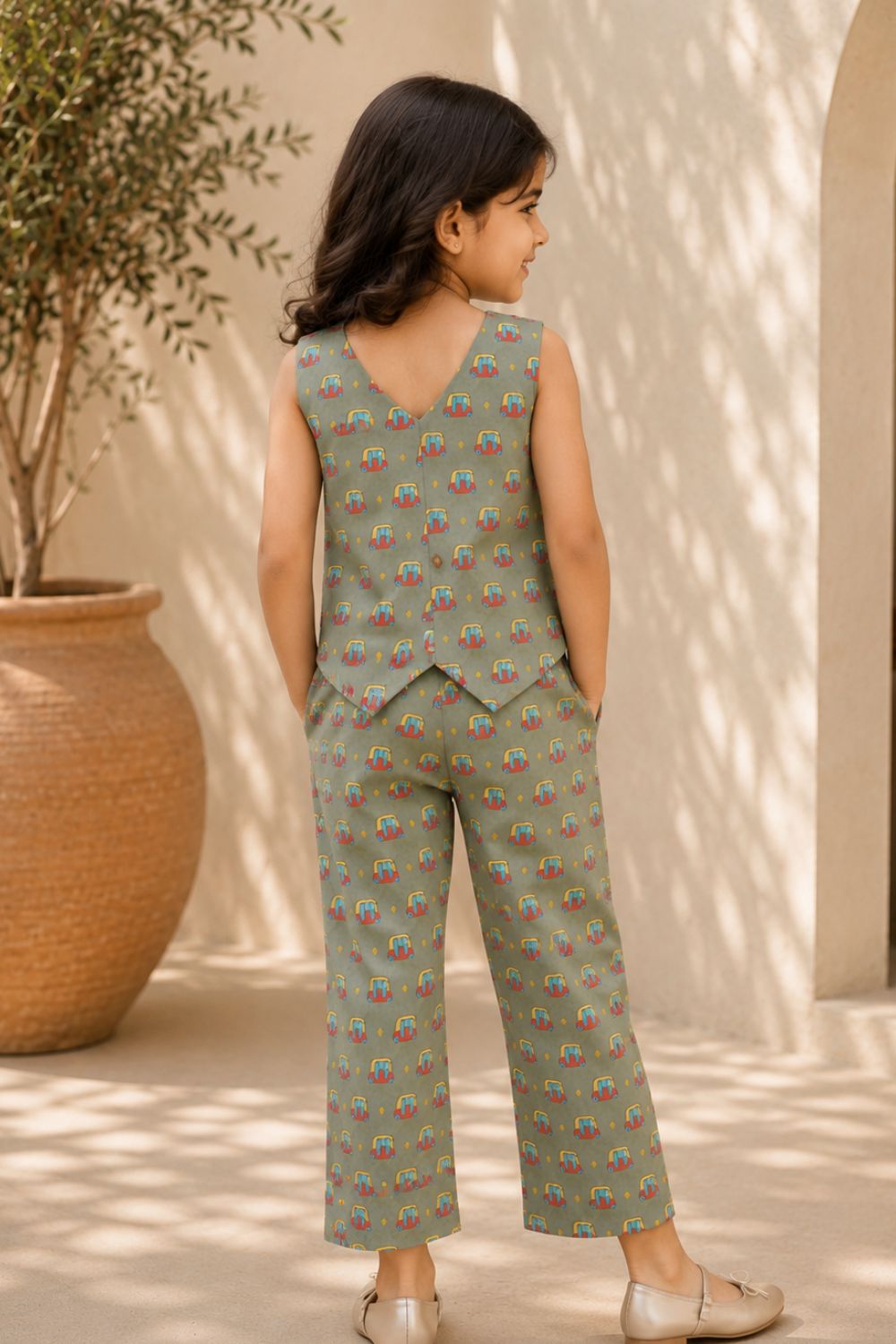 Olive Green Auto Printed Cotton Top with Trousers