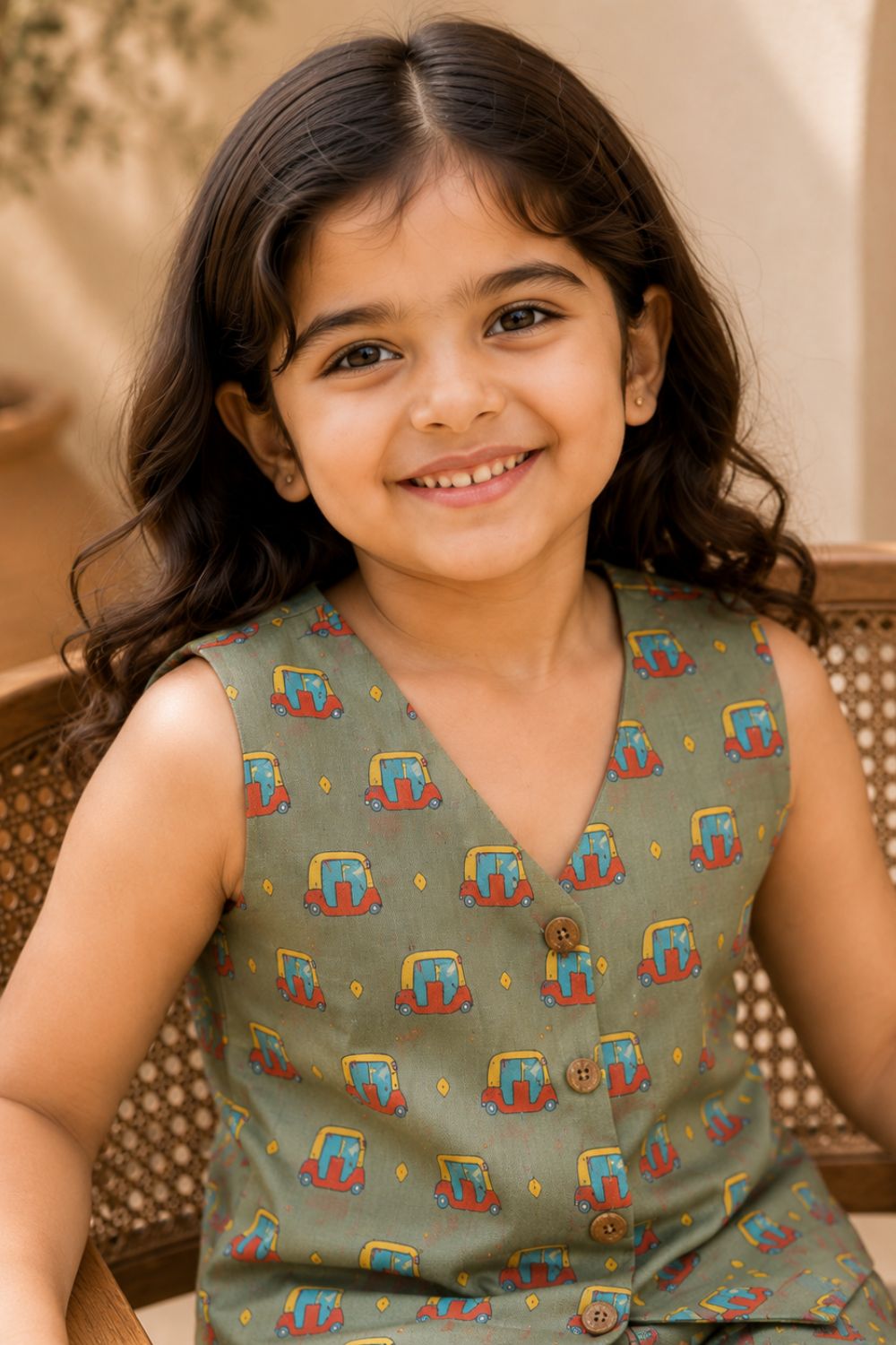 Olive Green Auto Printed Cotton Top with Trousers
