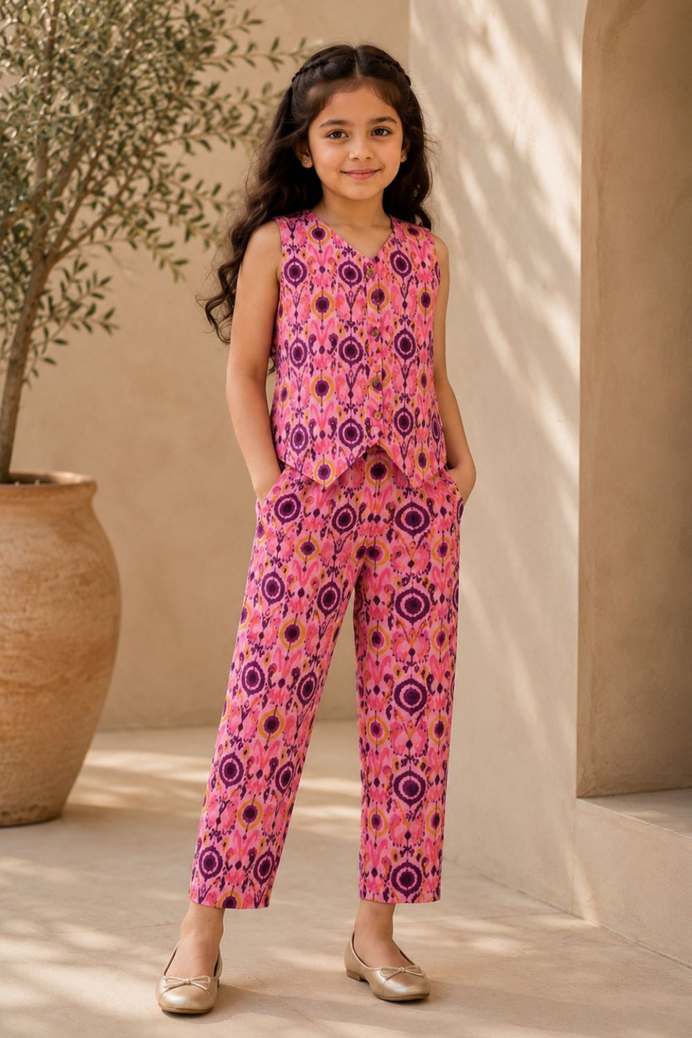 Cotton Ikat Printed Cotton Top with Trousers