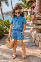 Blue Cotton Printed Coord Set For Girls