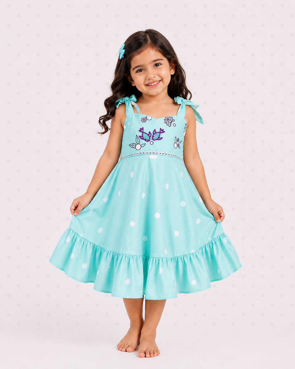 Sea Green Tie Up Dress with Embroidery