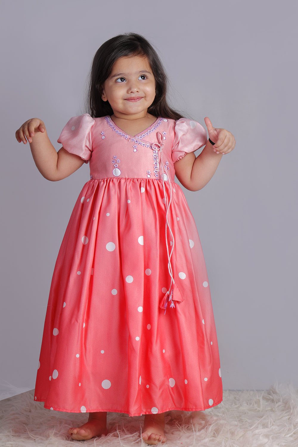 Peach Polka Angarkha with Hand Embroidery