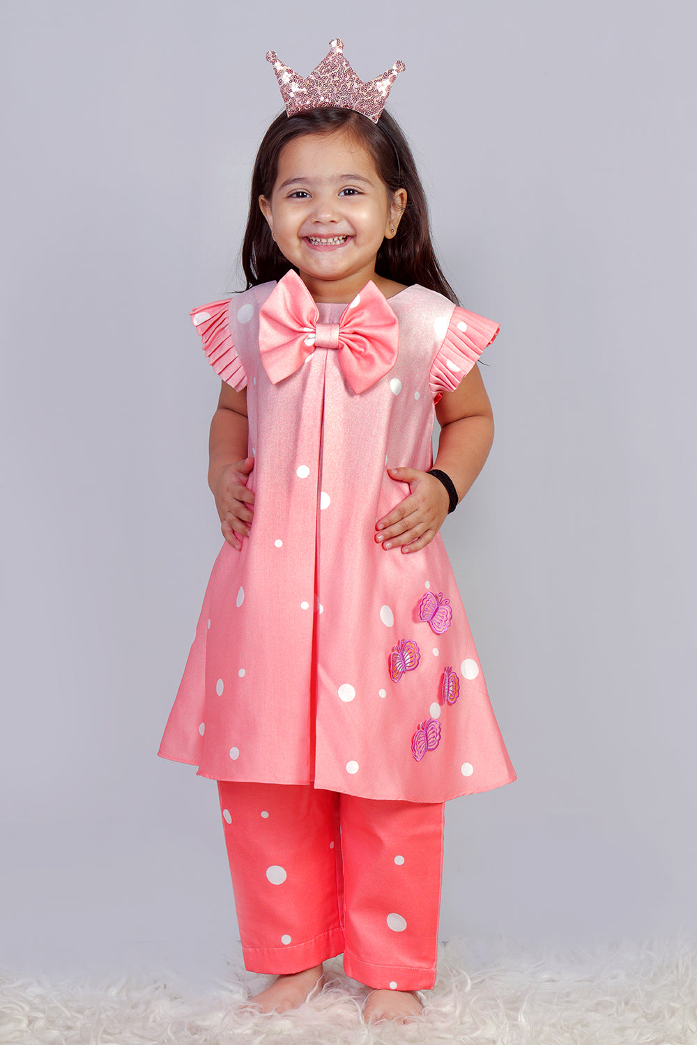 Peach Polka Bow Kurta With Pants