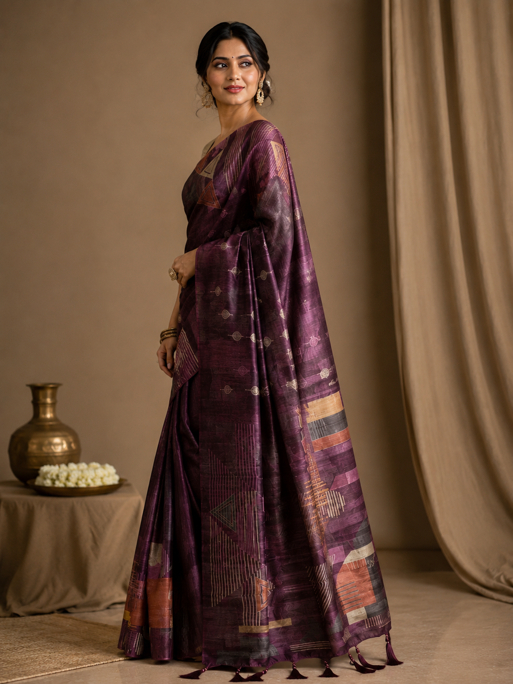 Ethnic Motifs Embroidered Tussar Saree