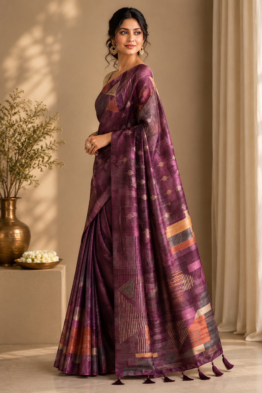 Ethnic Motifs Embroidered Tussar Saree