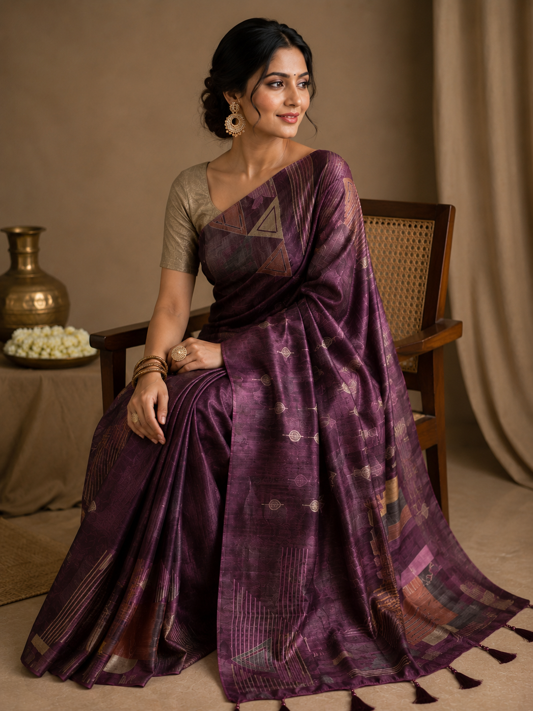 Ethnic Motifs Embroidered Tussar Saree