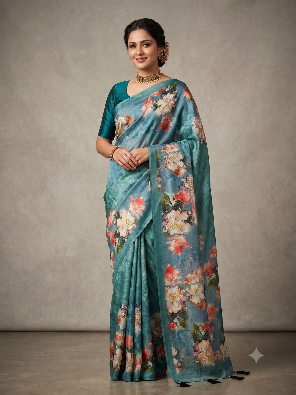 Ethnic Motifs Embroidered Tussar Saree