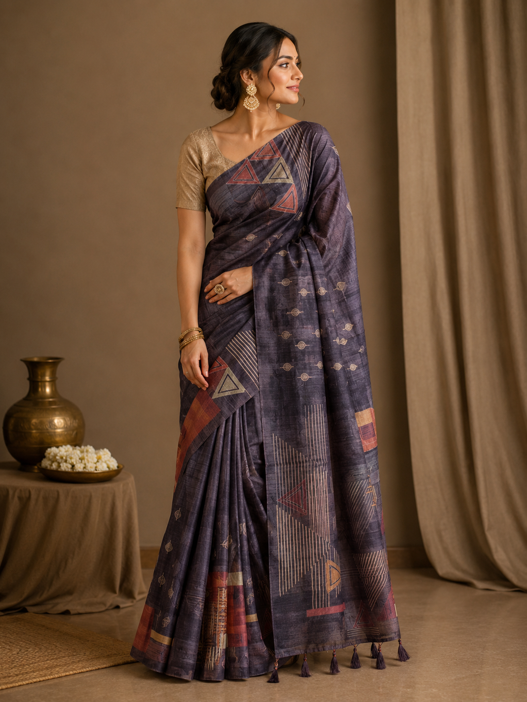 Ethnic Motifs Embroidered Tussar Saree