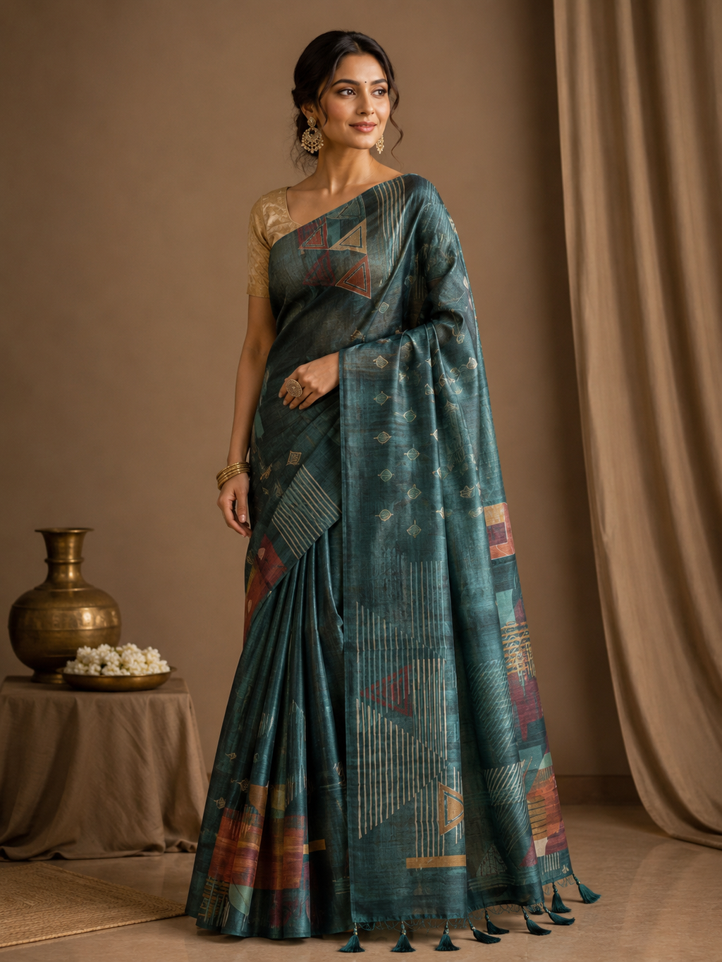 Ethnic Motifs Embroidered Tussar Saree