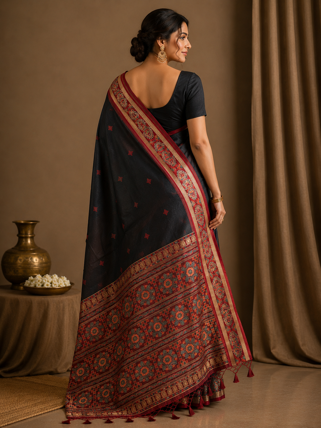 Ethnic Motifs Embroidered Tussar Saree
