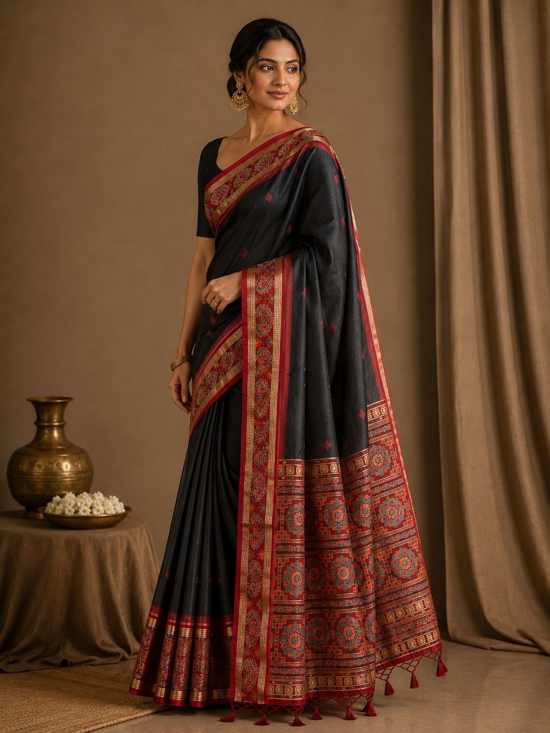 Ethnic Motifs Embroidered Tussar Saree