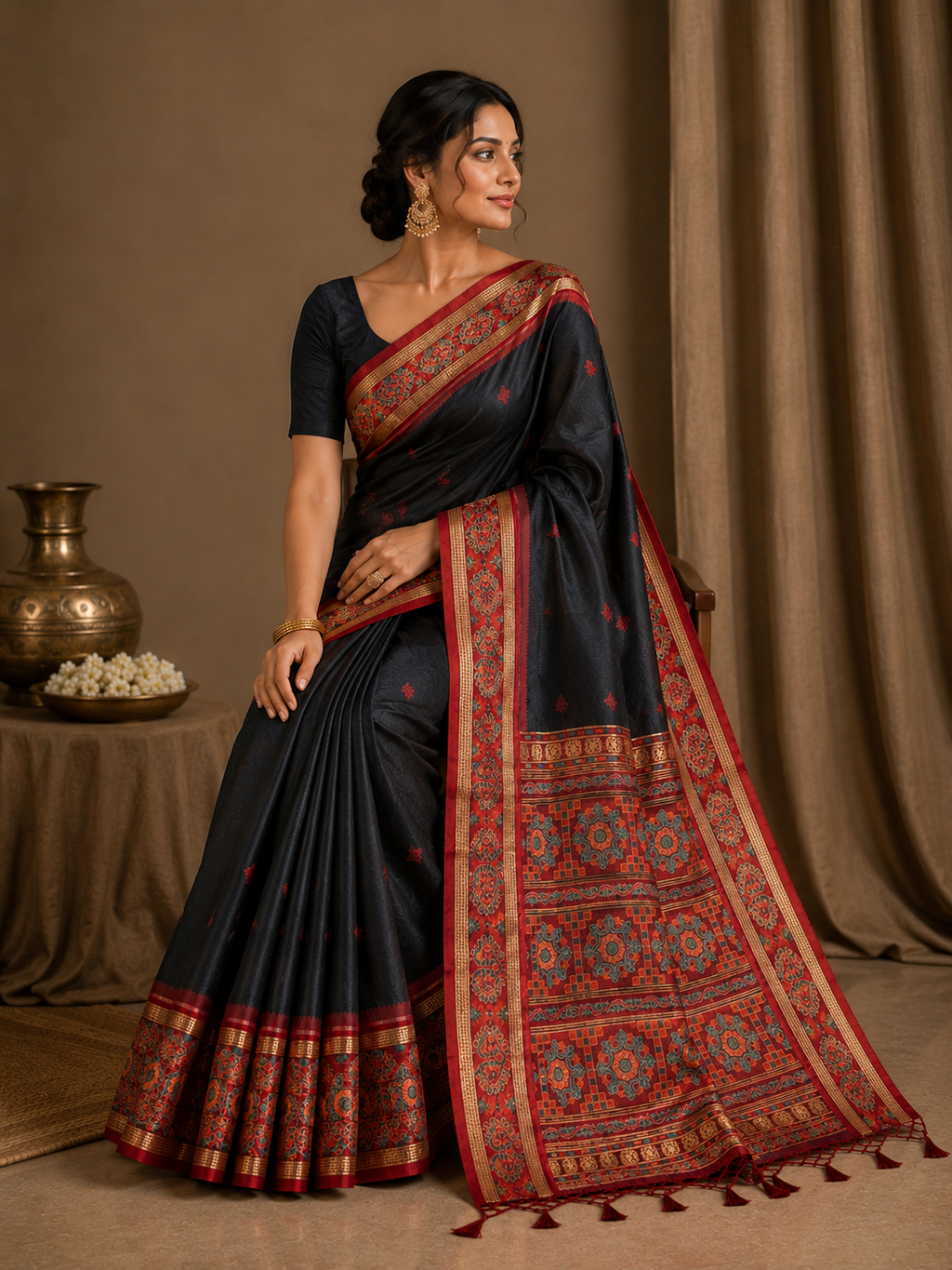 Ethnic Motifs Embroidered Tussar Saree